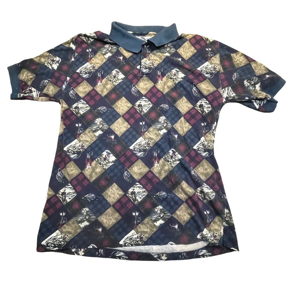 Vintage Great Lakes Fishing Polo Mens L‎ Blue Maroon Outdoor Print Diamond Golf
